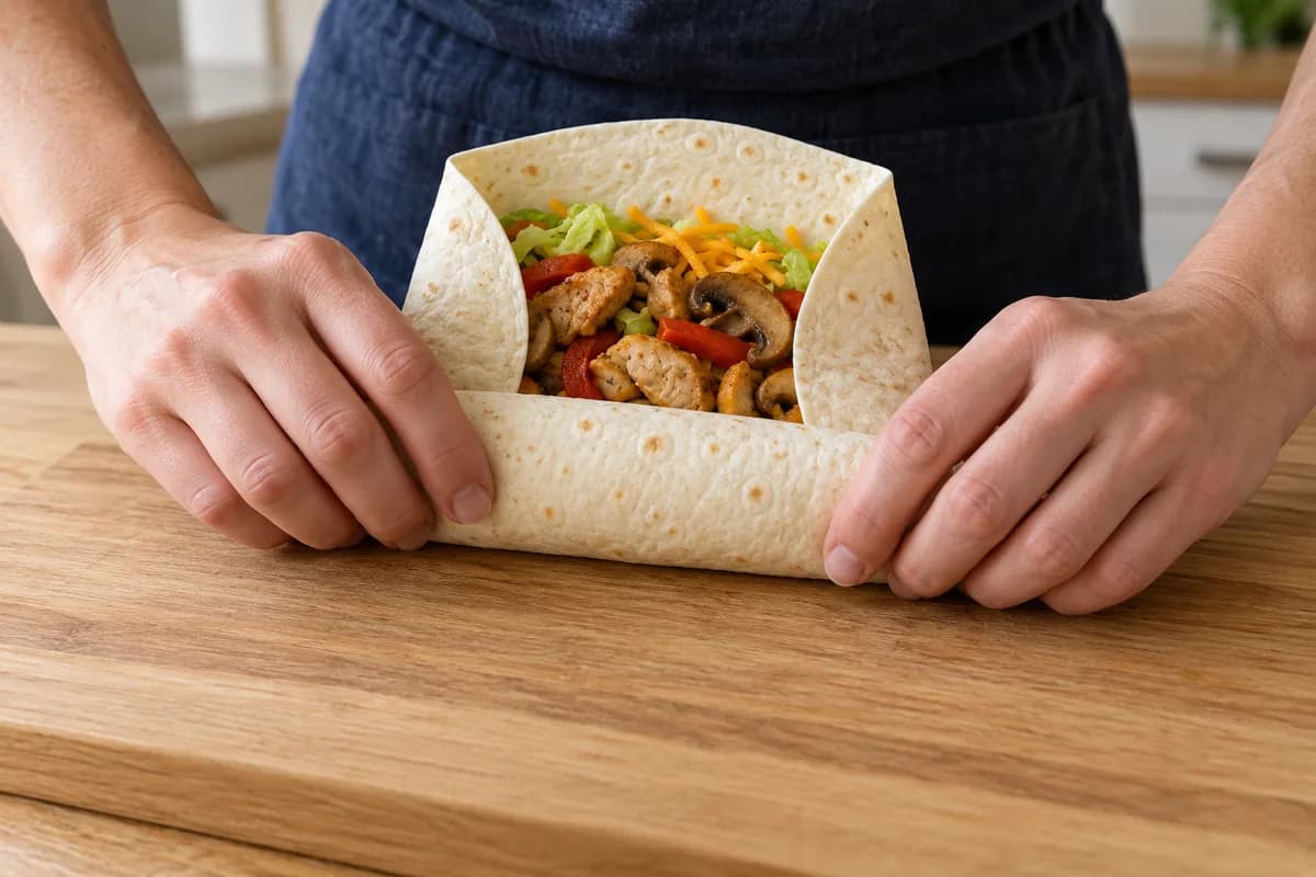 Chicken and mushroom wraps with cheese: Fold and roll the wraps