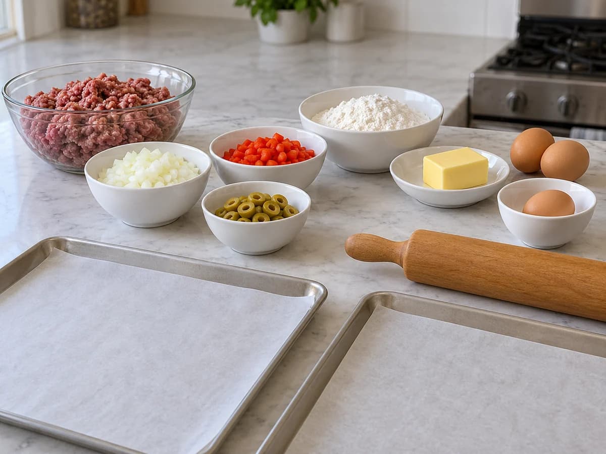 Ingredientes de empanada separados e assadeiras com papel para forno