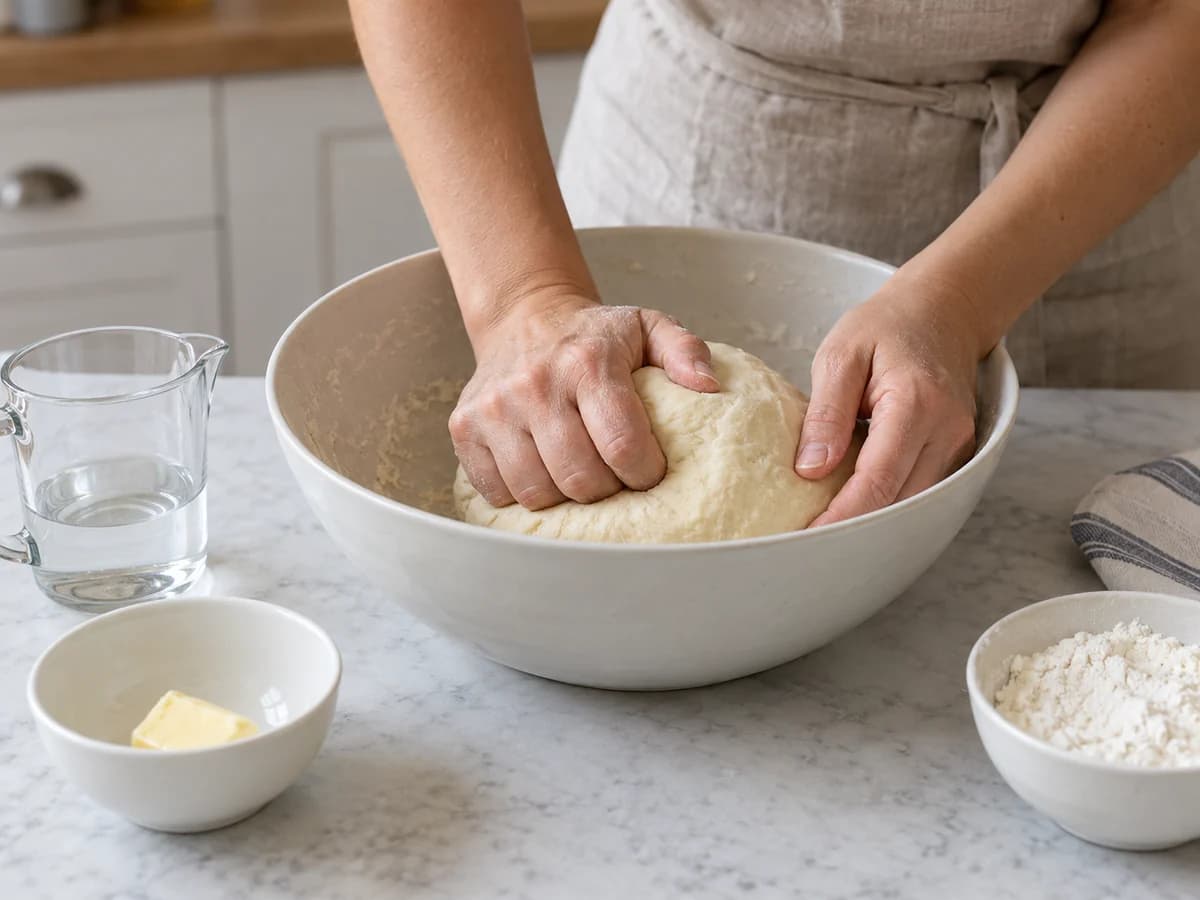 Massa clara de empanada sendo sovada em uma tigela