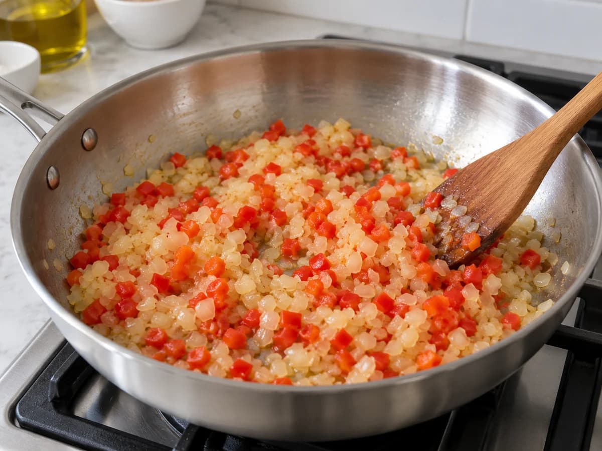 Cebola e pimentão vermelho amaciando no azeite