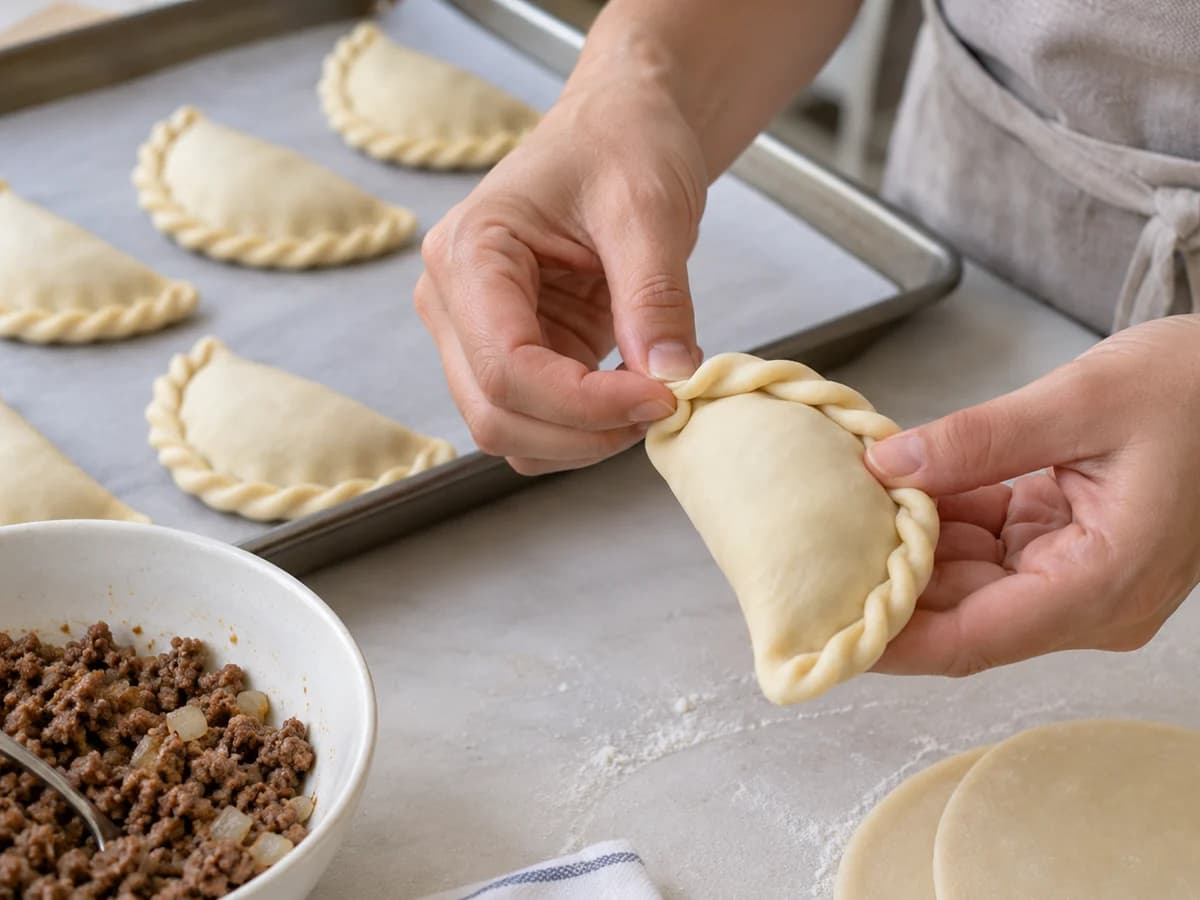 Dedos dobrando a borda de uma empanada em meia-lua