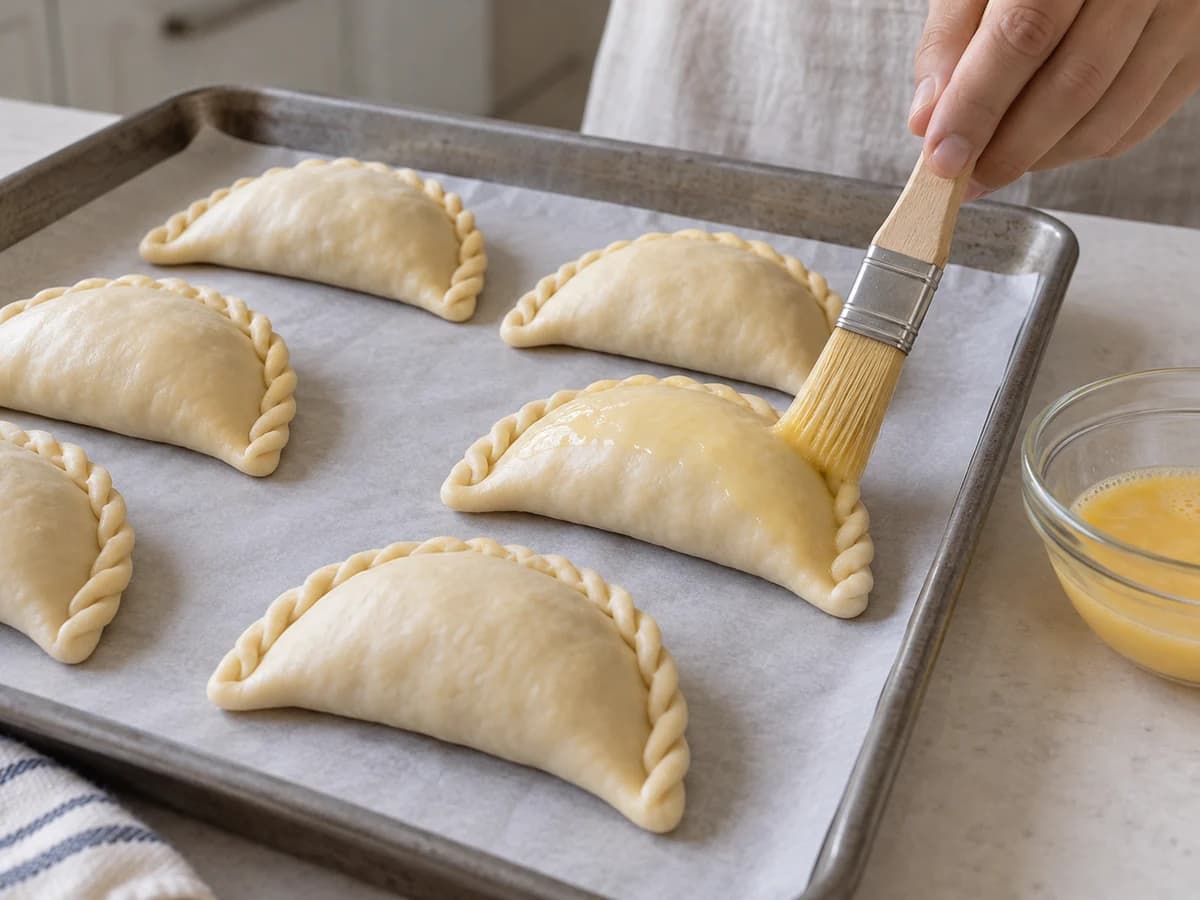 Camada fina de ovo batido pincelada nas empanadas cruas