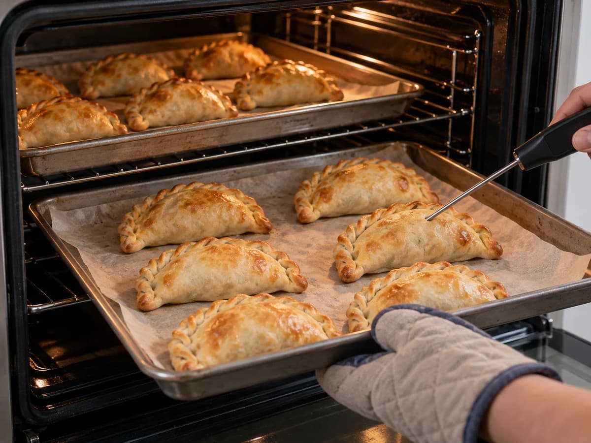 Empanadas douradas em duas assadeiras no forno com sonda no centro
