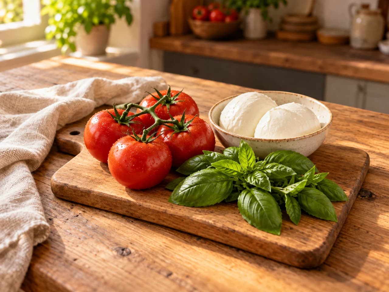 Holzbrett mit reifen roten Strauchtomaten, zwei Kugeln frischem Mozzarella in einer Schale und einem Bund Basilikum.