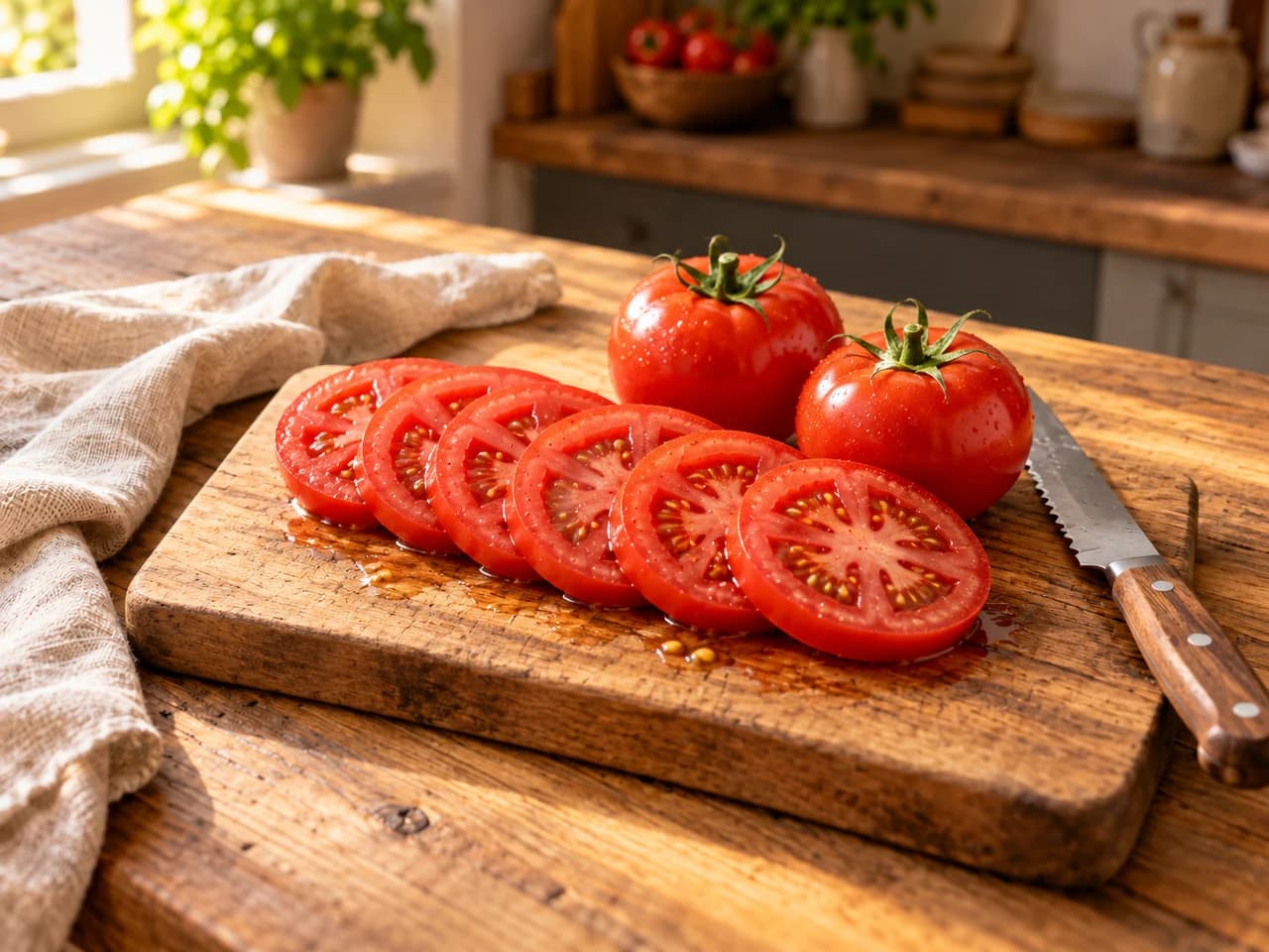 Holzbrett mit roten Tomaten in saftigen 1 cm dicken Scheiben und einem Sägemesser daneben.
