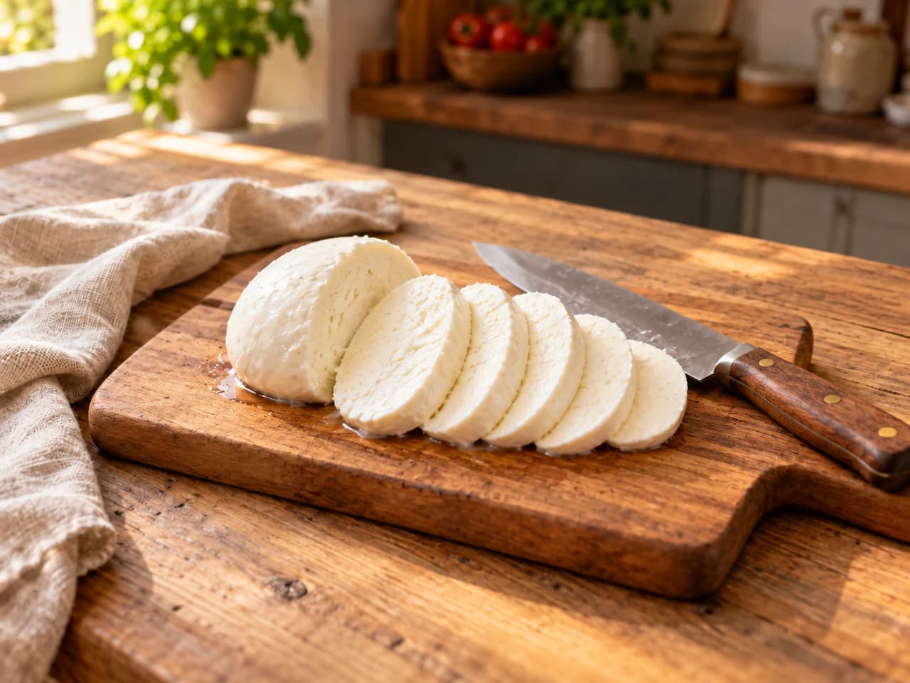 Kugel frischer Mozzarella in feuchten weißen Scheiben auf einem Brett, mit einem Messer.