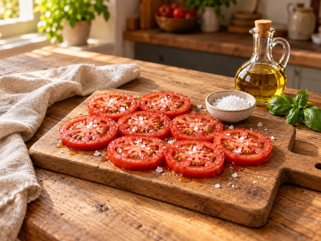 Tomatenscheiben in einer Lage auf einem Holzbrett, mit Salzflocken bestreut, daneben eine Schale Salz.