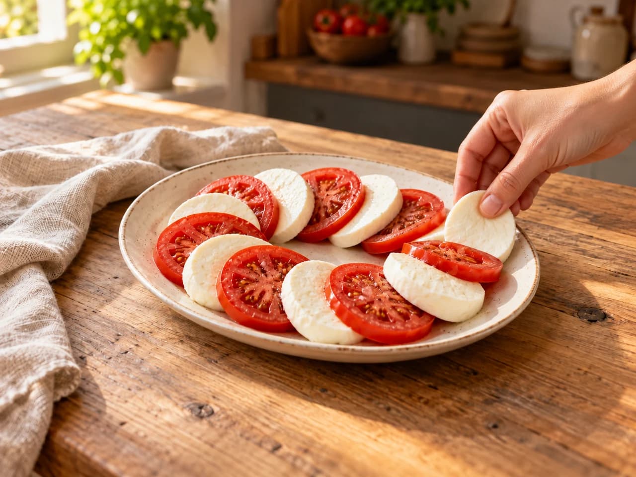Ovale Keramikplatte mit abwechselnden Tomaten- und Mozzarellascheiben im Kreis, eine Hand legt die letzte Scheibe.
