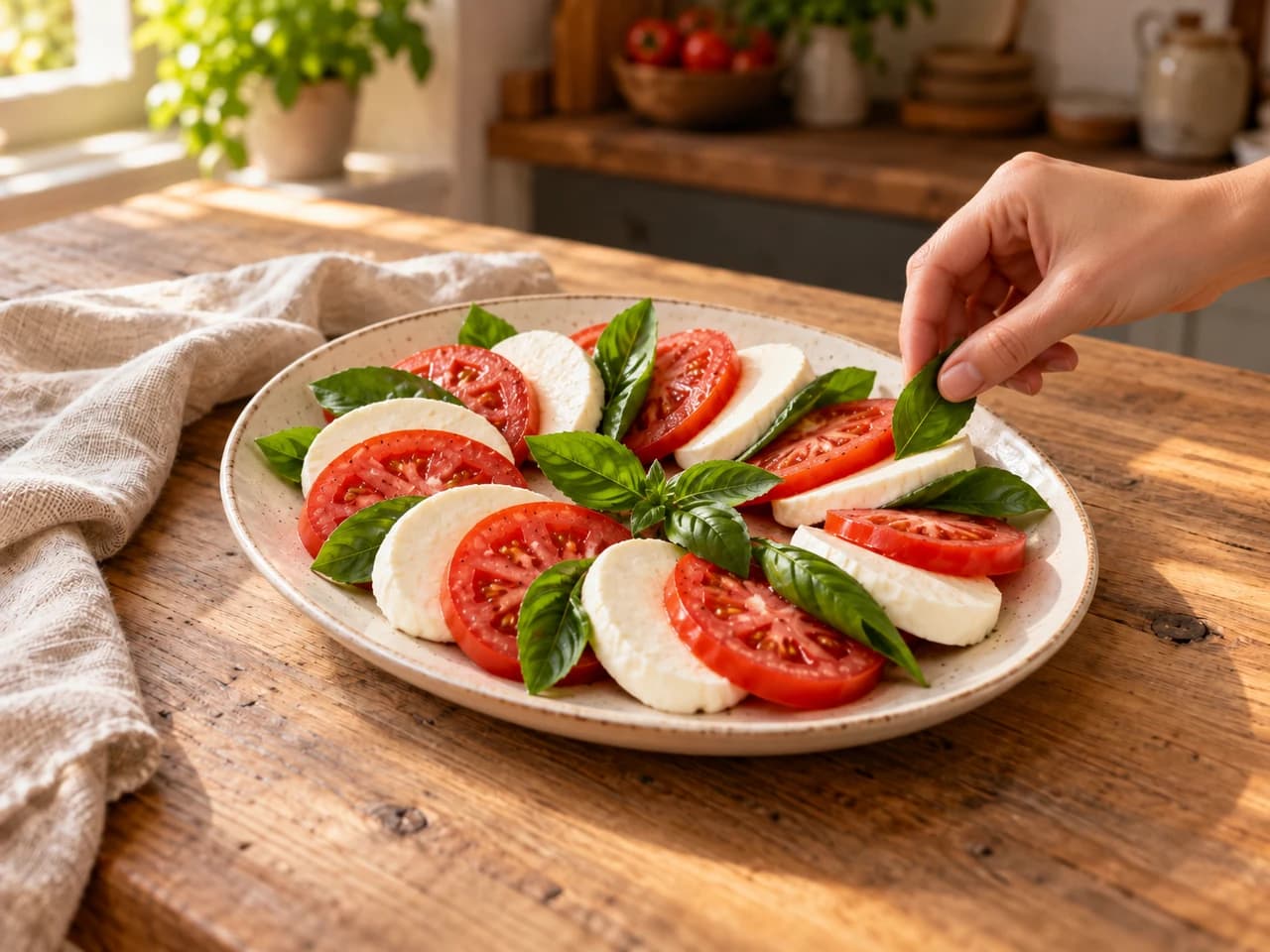 Platte mit Tomate und Mozzarella, Basilikumblätter zwischen den Scheiben, eine Hand legt ein weiteres Blatt.