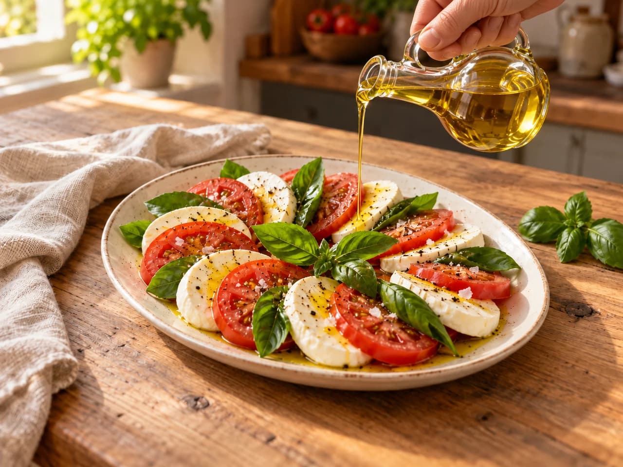 Dünner Strahl goldenes Olivenöl aus einer Glaskaraffe über dem angerichteten Caprese-Salat.
