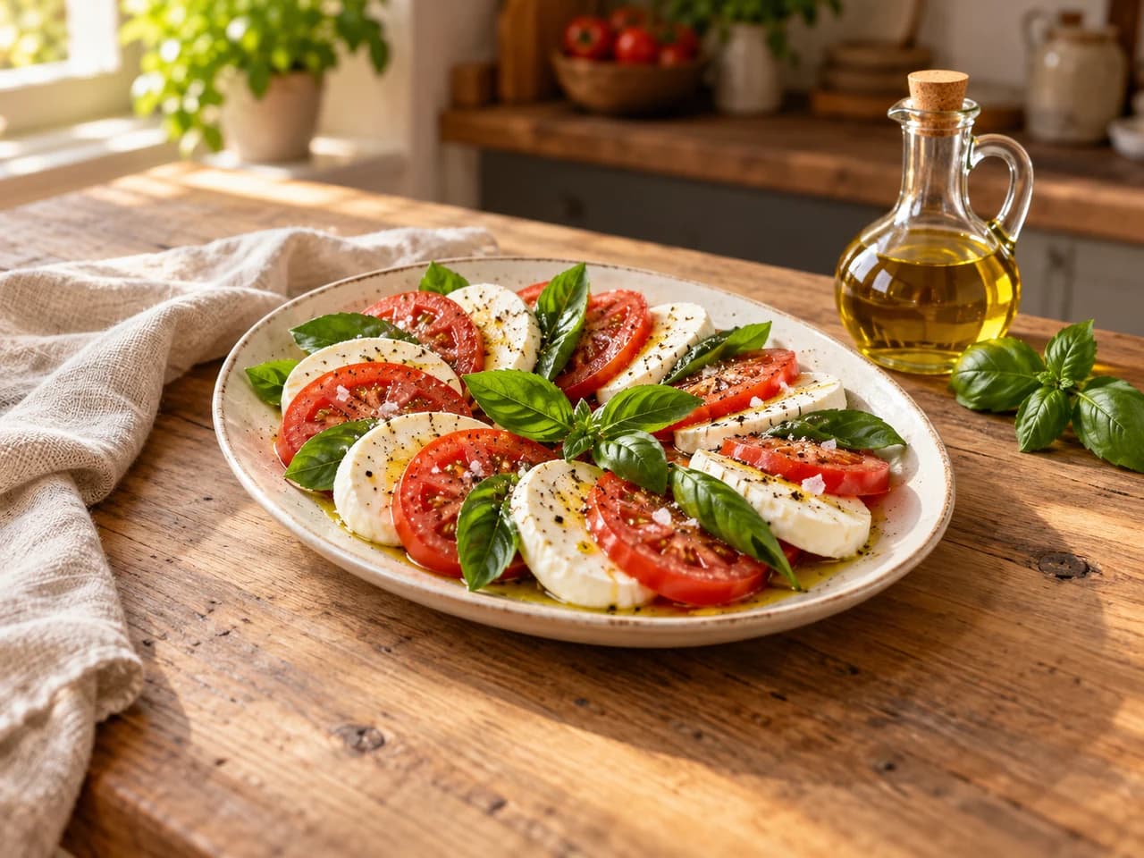 Ovale Platte mit fertigem Caprese-Salat mit Basilikum, Olivenöl, Salz und Pfeffer, daneben eine Ölkaraffe aus Glas.