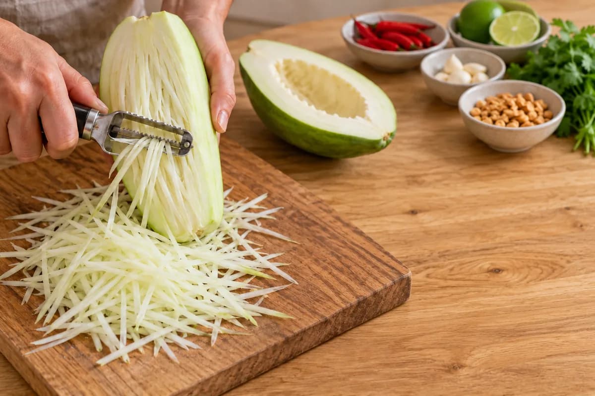 ソムタム：青パパイヤのタイ風サラダ: 青パパイヤを細切りにする
