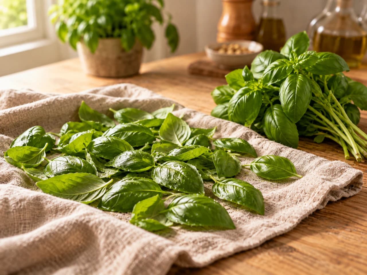 Foglie di basilico fresco stese su un canovaccio di lino ad asciugare, accanto a un mazzetto di basilico con i gambi.