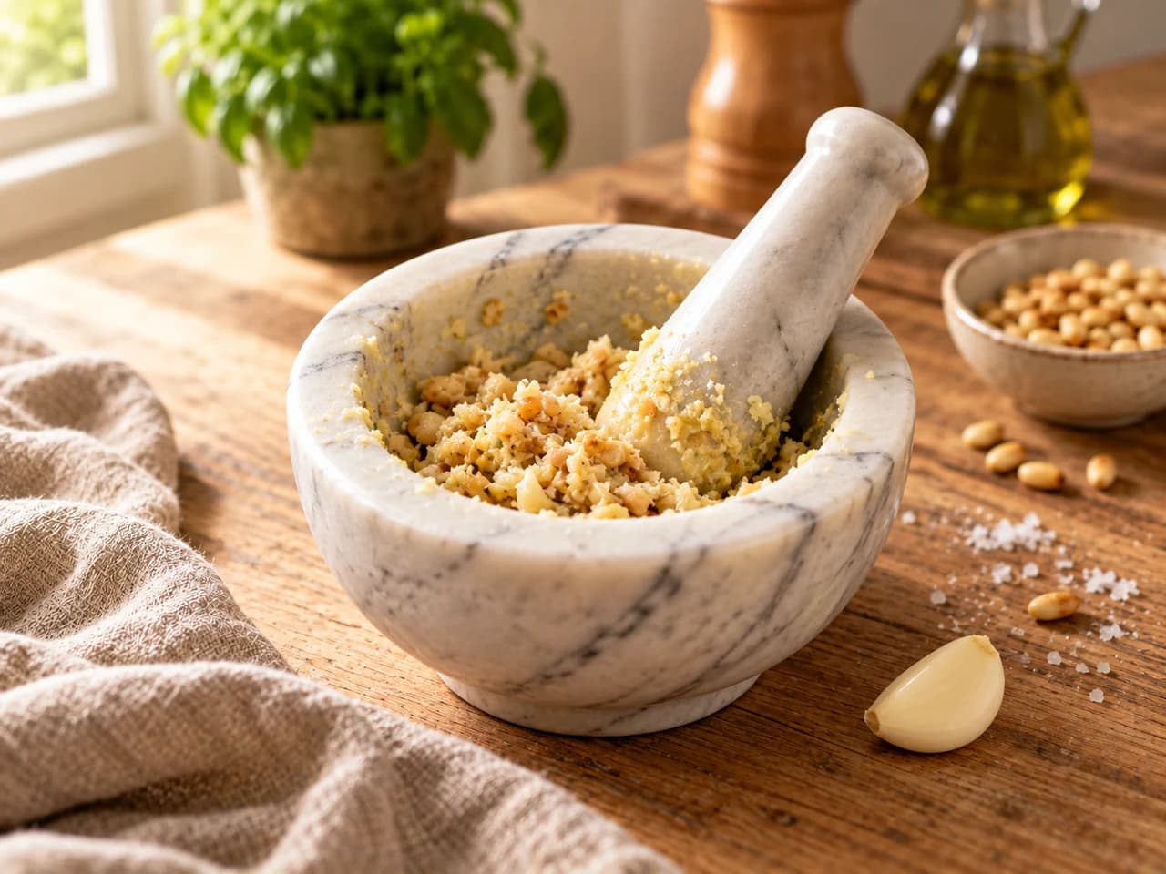 Mortaio di marmo bianco con aglio e pinoli pestati in una crema chiara e grossolana, con il pestello dentro.