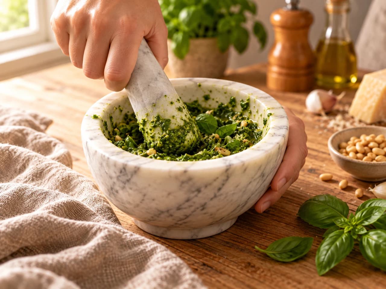 Mortaio di marmo con basilico pestato a metà che forma una crema verde intenso, una mano gira il pestello.