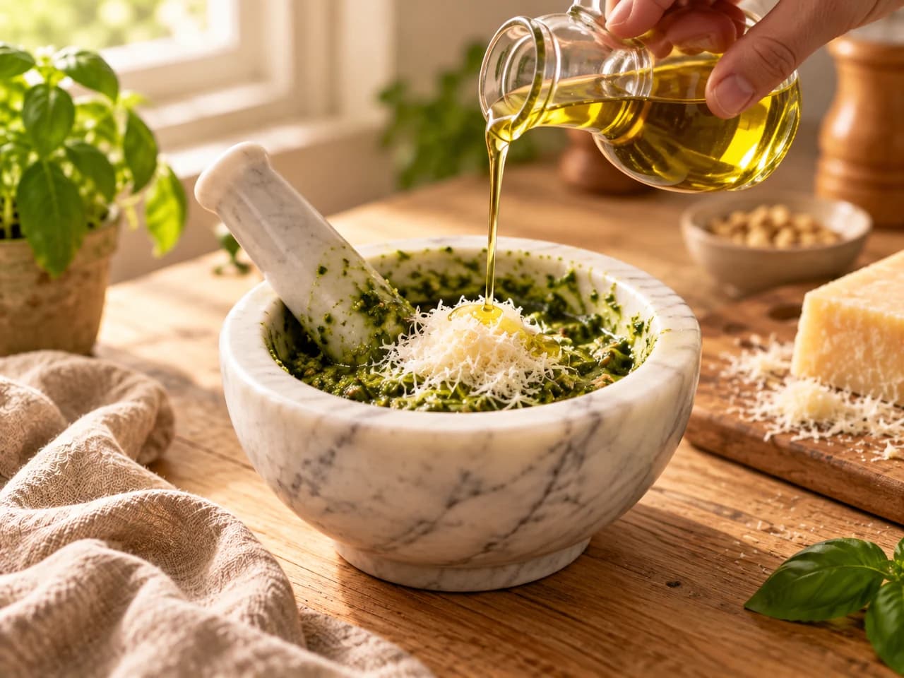 Mortaio con pesto verde mentre un filo d'olio d'oliva cade su un mucchietto di formaggio grattugiato.