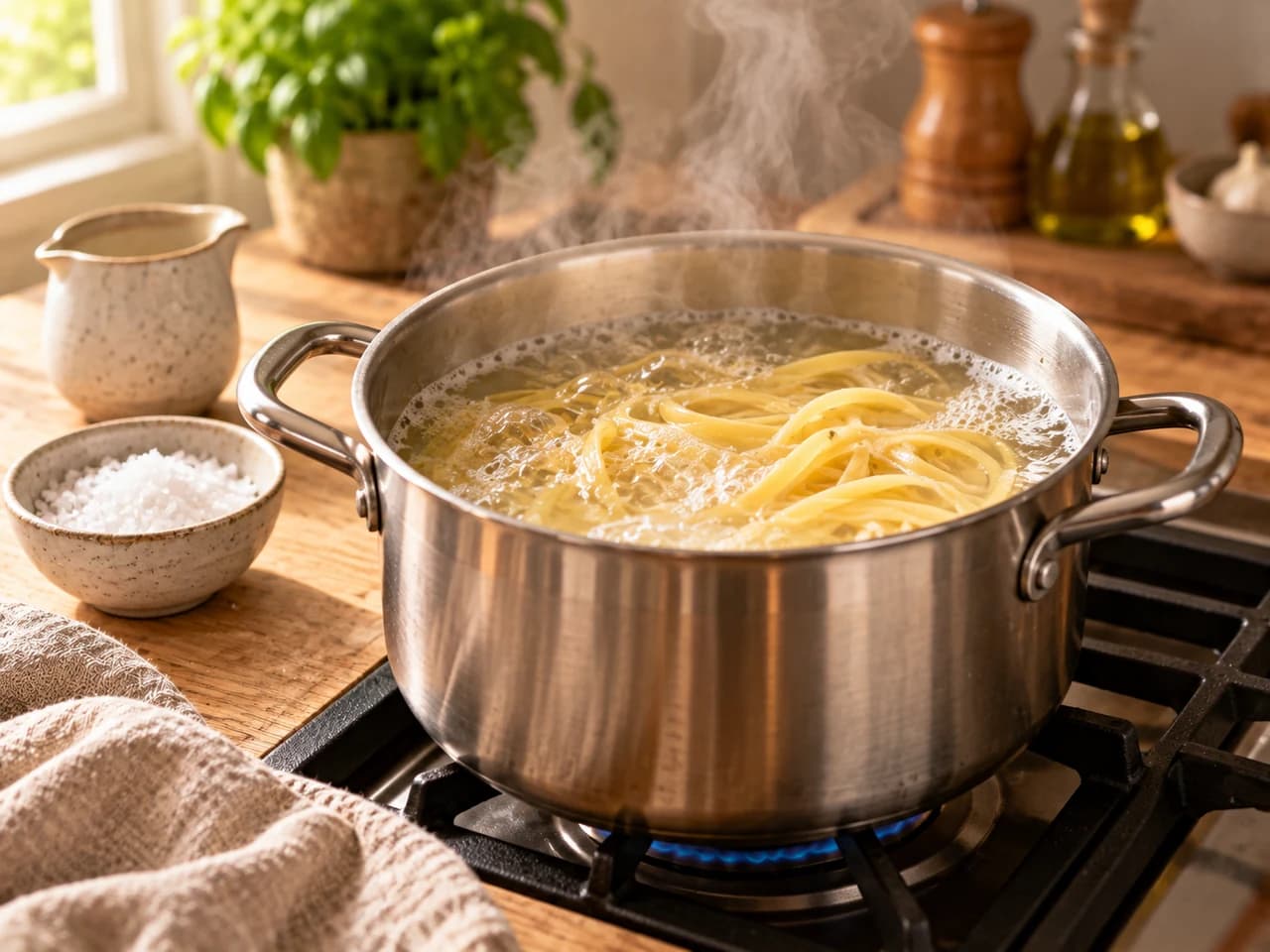 Pentola d'acciaio con acqua che bolle e linguine in cottura, con vapore, accanto a una ciotola di sale e una tazza.