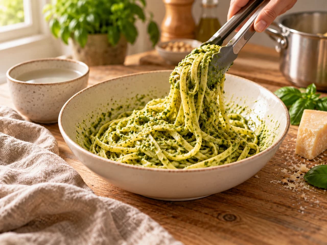 Ciotola di ceramica con linguine mantecate con il pesto verde, una pinza solleva la pasta.