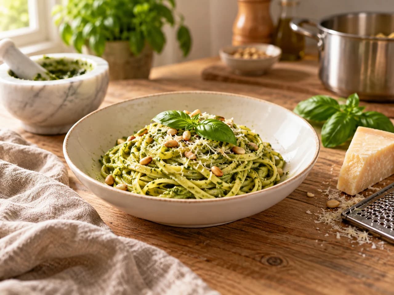 Piatto fondo di linguine al pesto con pinoli tostati, Parmigiano grattugiato e basilico, accanto a un pezzo di Parmigiano.