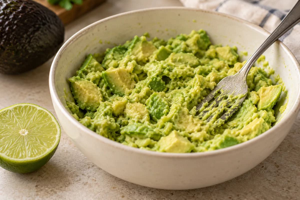 Guacamole caseiro com tomate e coentro: Amasse o abacate