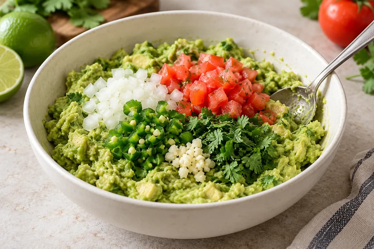 Guacamole caseiro com tomate e coentro: Misture e tempere