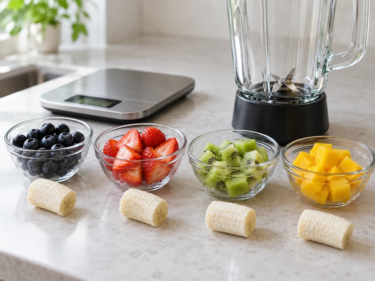 Suco arco-íris de frutas em quatro camadas: Lavar, cortar e dividir as frutas
