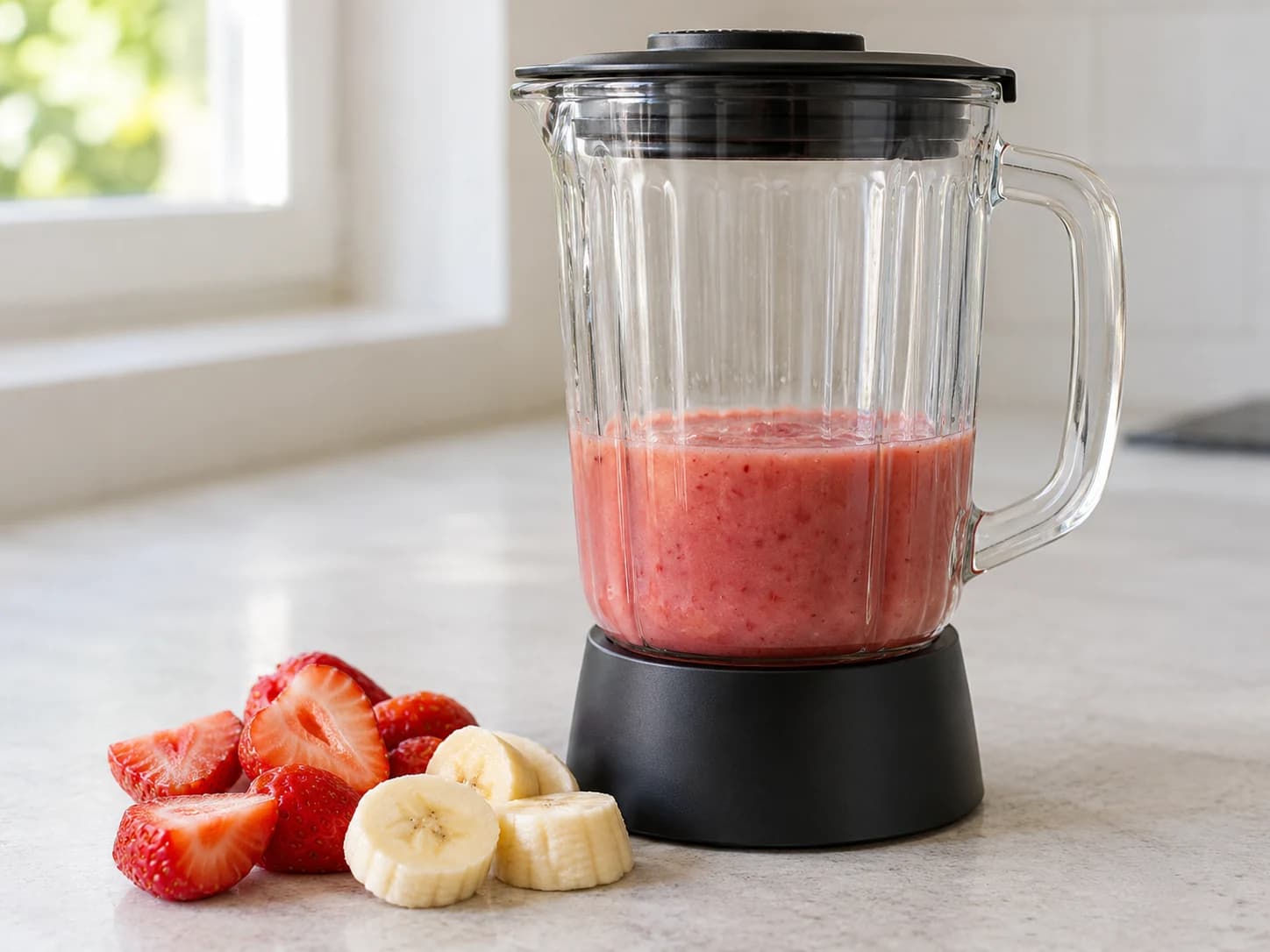 Suco arco-íris de frutas em quatro camadas: Bater a camada de morango