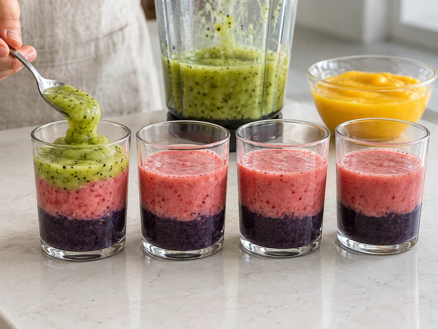 Suco arco-íris de frutas em quatro camadas: Montar as camadas devagar