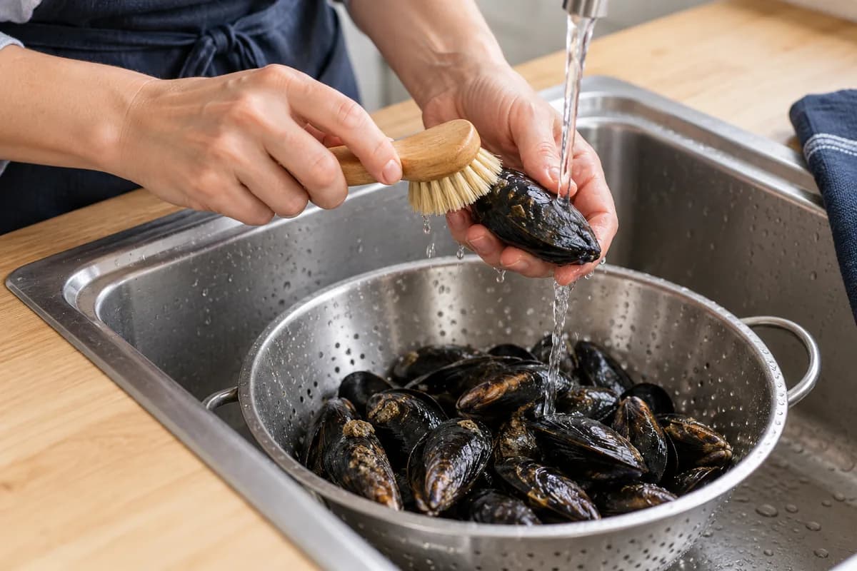 Moules à l'ail, au vin blanc et au persil: Trier et nettoyer les moules