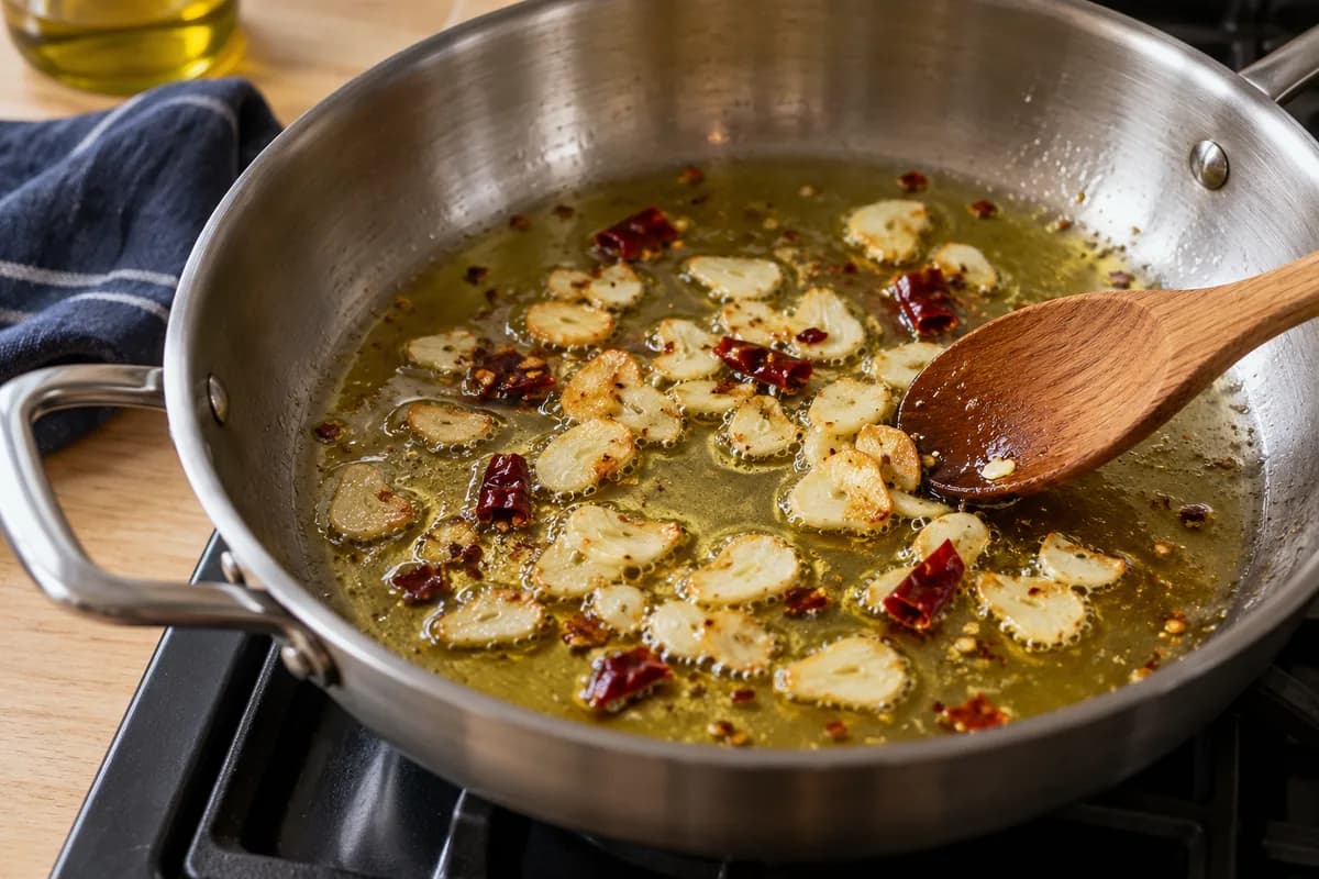 Moules à l'ail, au vin blanc et au persil: Faire revenir l'ail