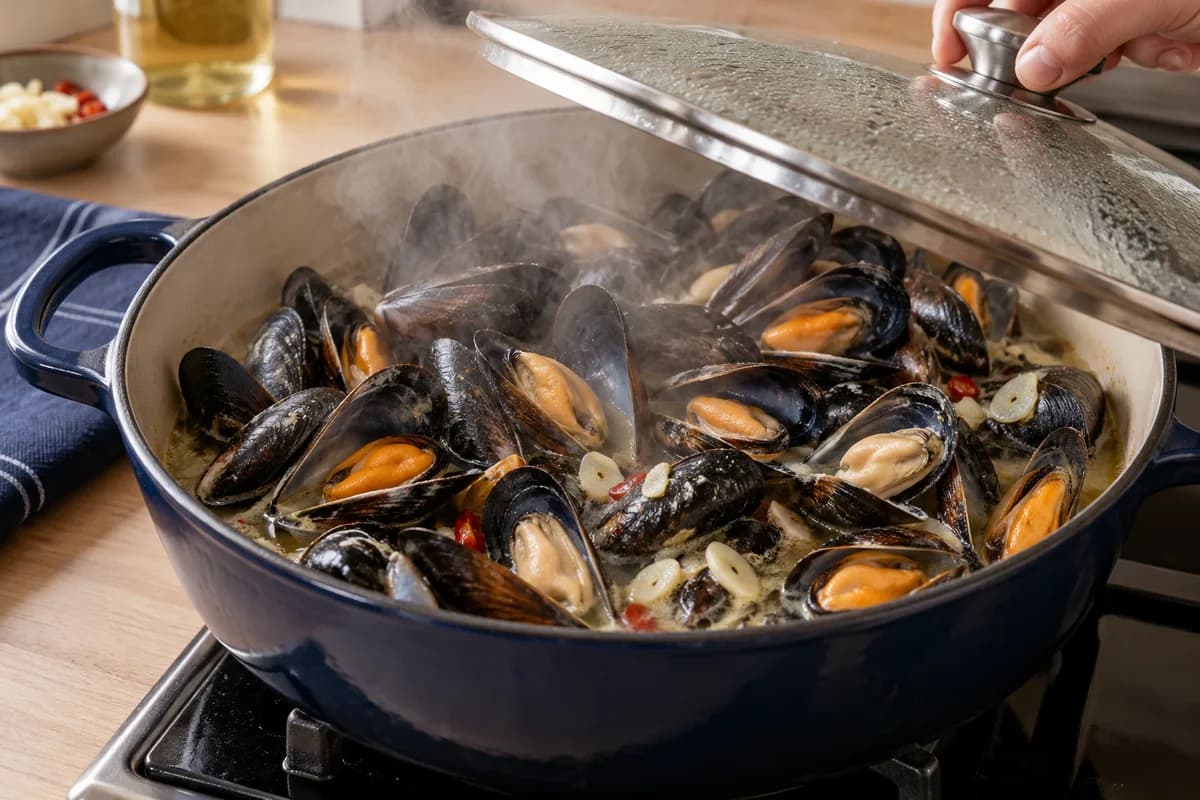 Moules à l'ail, au vin blanc et au persil: Cuire les moules à couvert