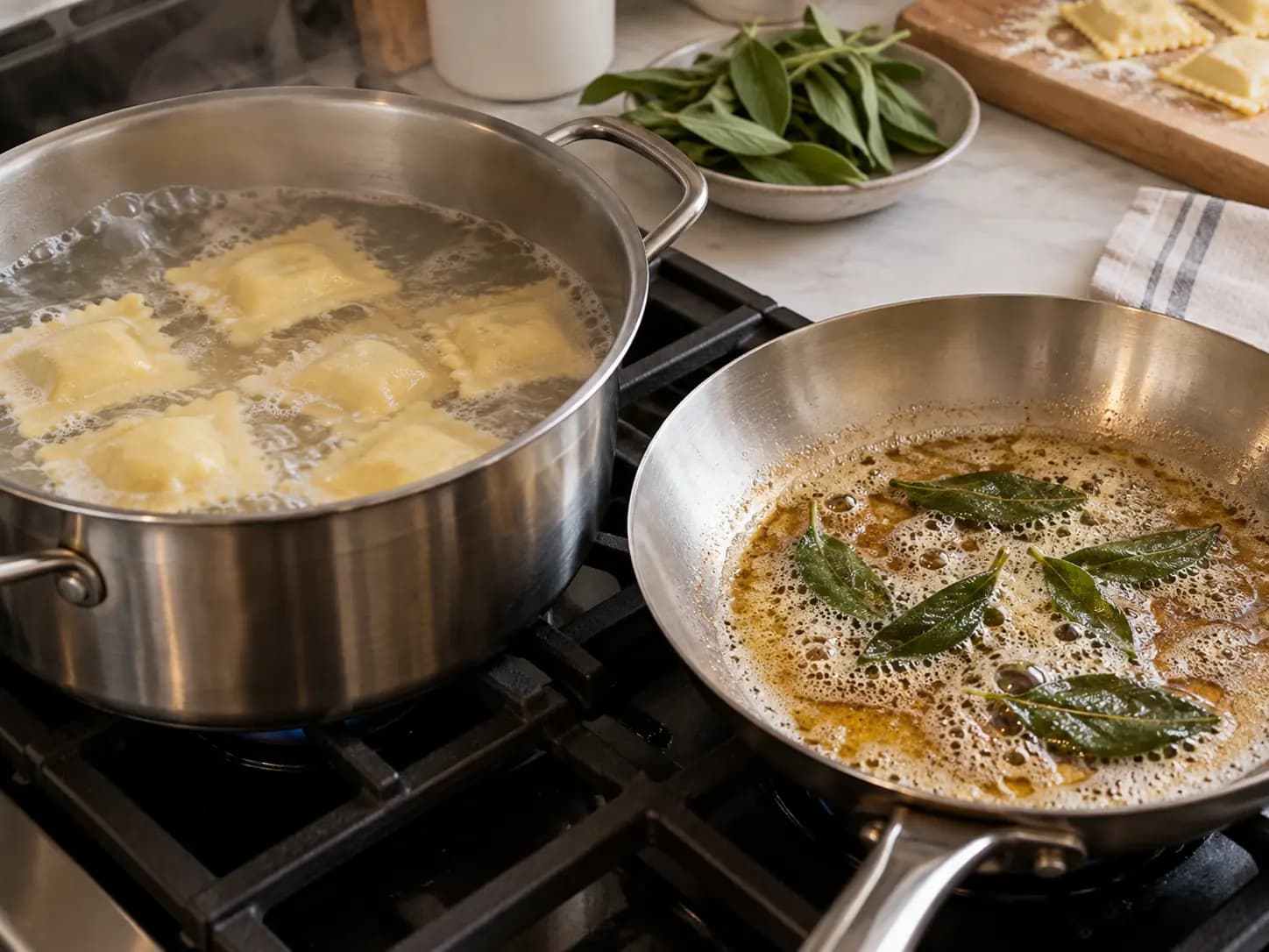 Ravioli caseiro de ricota e espinafre: Cozinhe em duas levas