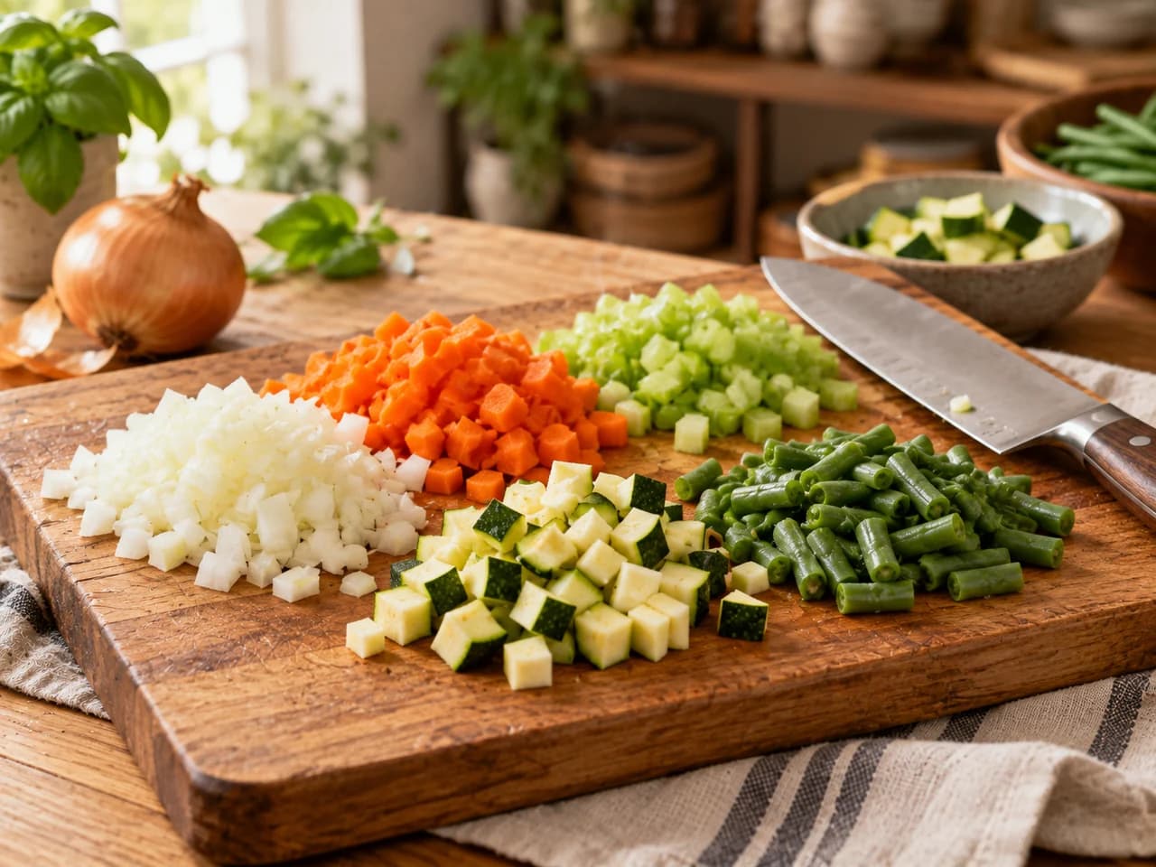 Holzbrett mit Häufchen aus gewürfelter Zwiebel, Karotte, Sellerie und Zucchini und geschnittenen grünen Bohnen, daneben ein Messer.