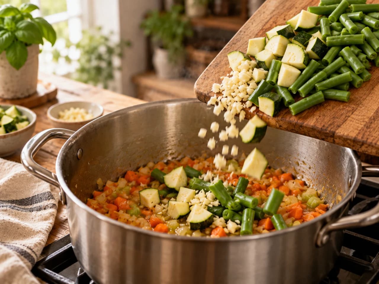 Hand gibt Zucchiniwürfel und grüne Bohnen vom Brett in den Topf mit der Gemüsebasis und gehacktem Knoblauch.