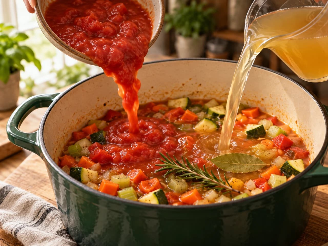 Tomaten und Brühe fließen in einen grünen Topf mit Gemüse, darin ein Rosmarinzweig und ein Lorbeerblatt.