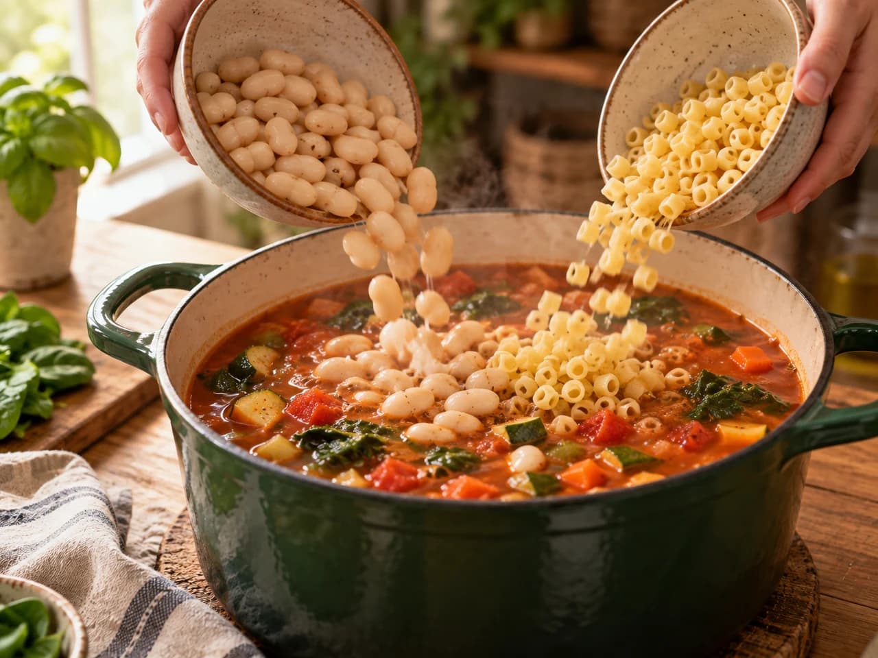 Weiße Bohnen und kleine Nudeln fallen aus zwei Schalen in den Topf mit Tomaten-Gemüse-Suppe.