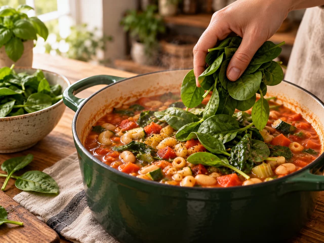 Hand gibt eine Handvoll frischen Spinat in den Topf mit Minestrone, daneben mehr Spinat und Basilikum.