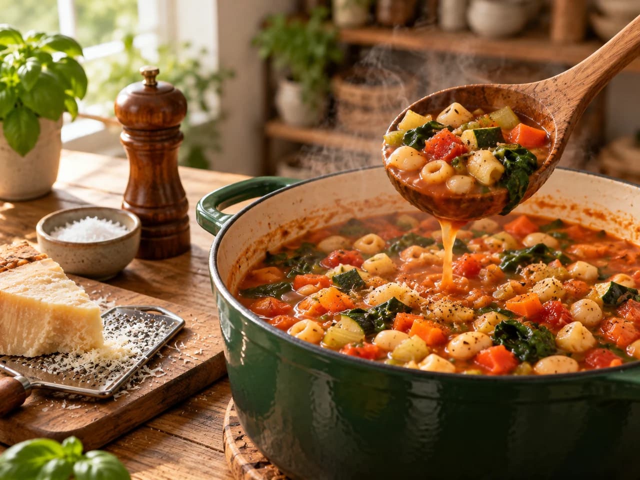 Holzkelle hebt Minestrone aus dem Topf, daneben Pfeffermühle, Salz und ein Stück Parmesan.