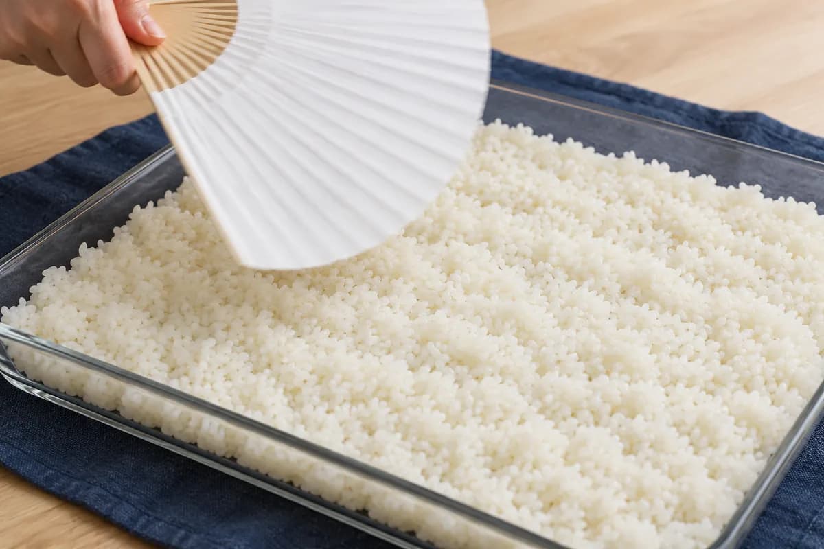 Homemade salmon and avocado sushi: Cool the rice for assembly