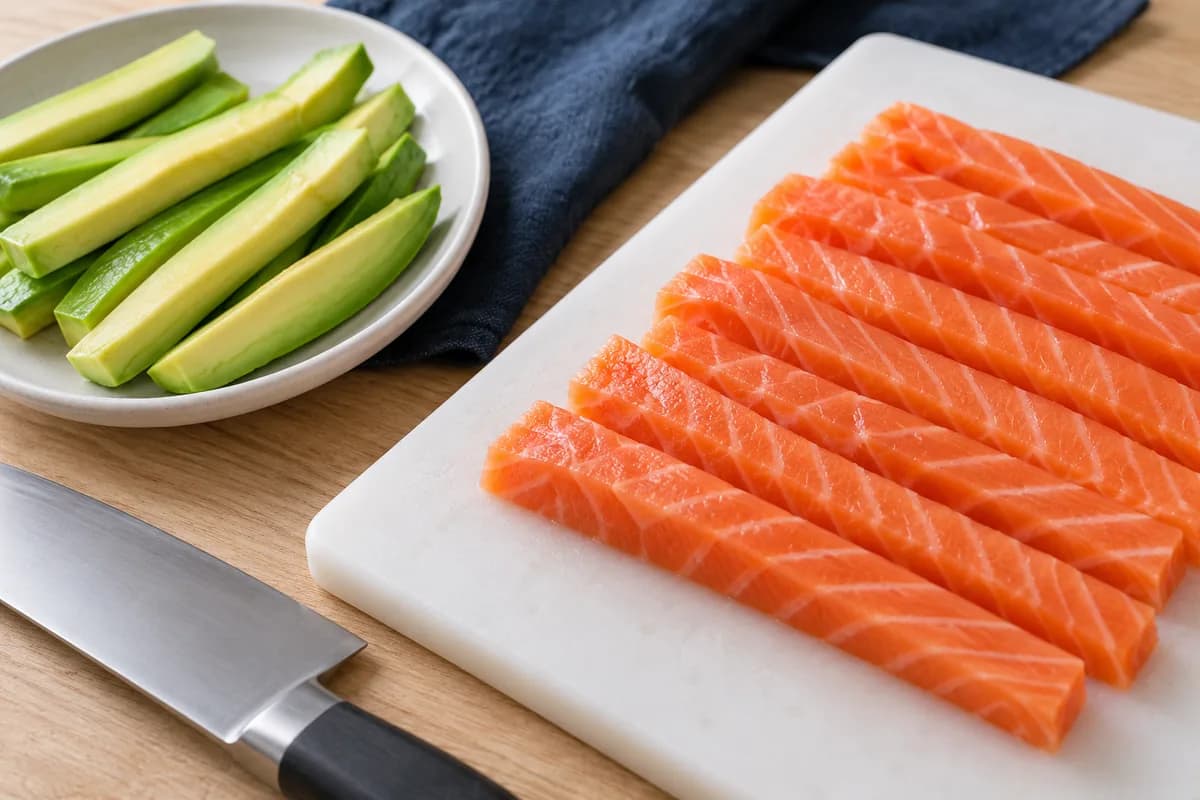Homemade salmon and avocado sushi: Cut the salmon and avocado
