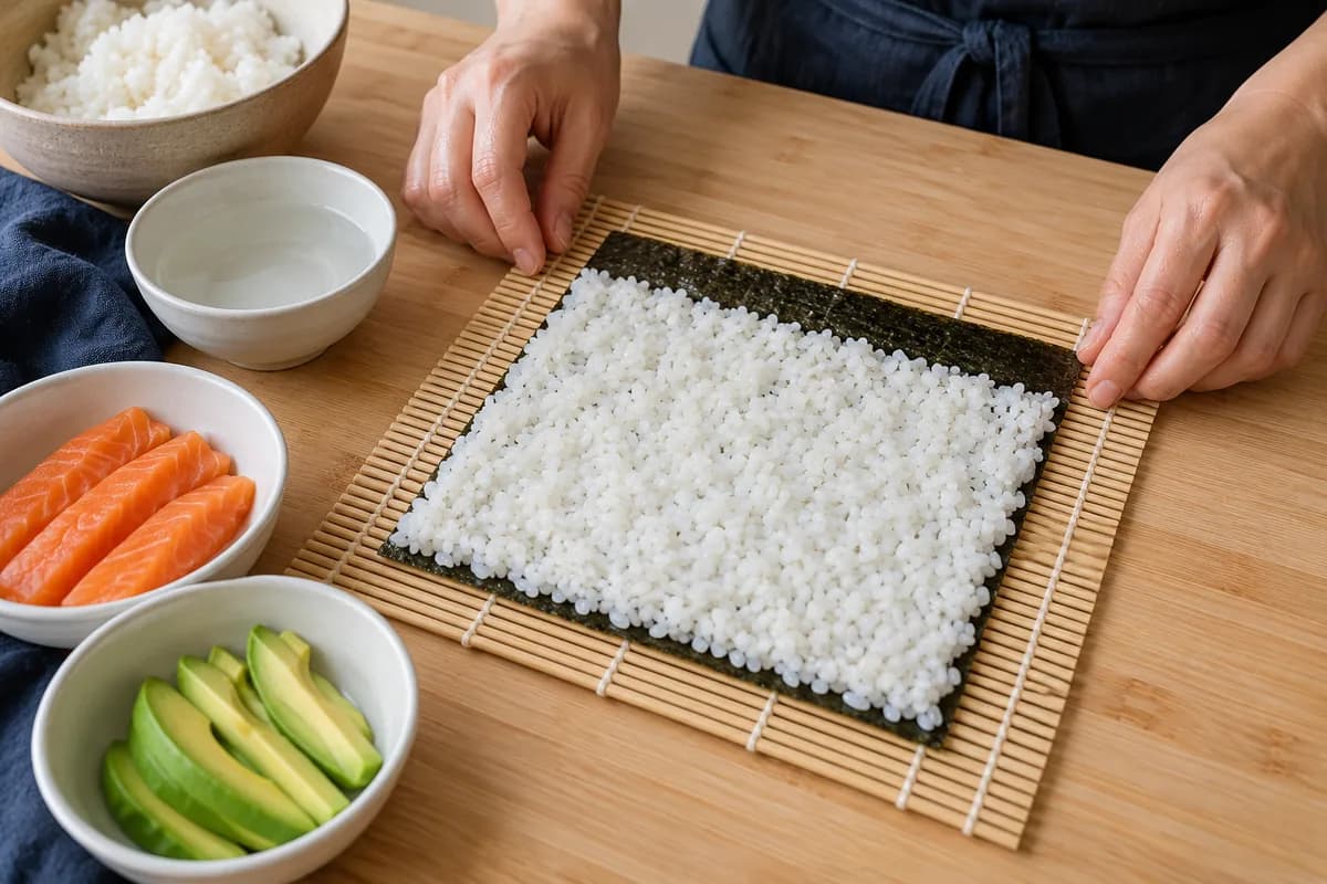 Homemade salmon and avocado sushi: Spread rice over the nori