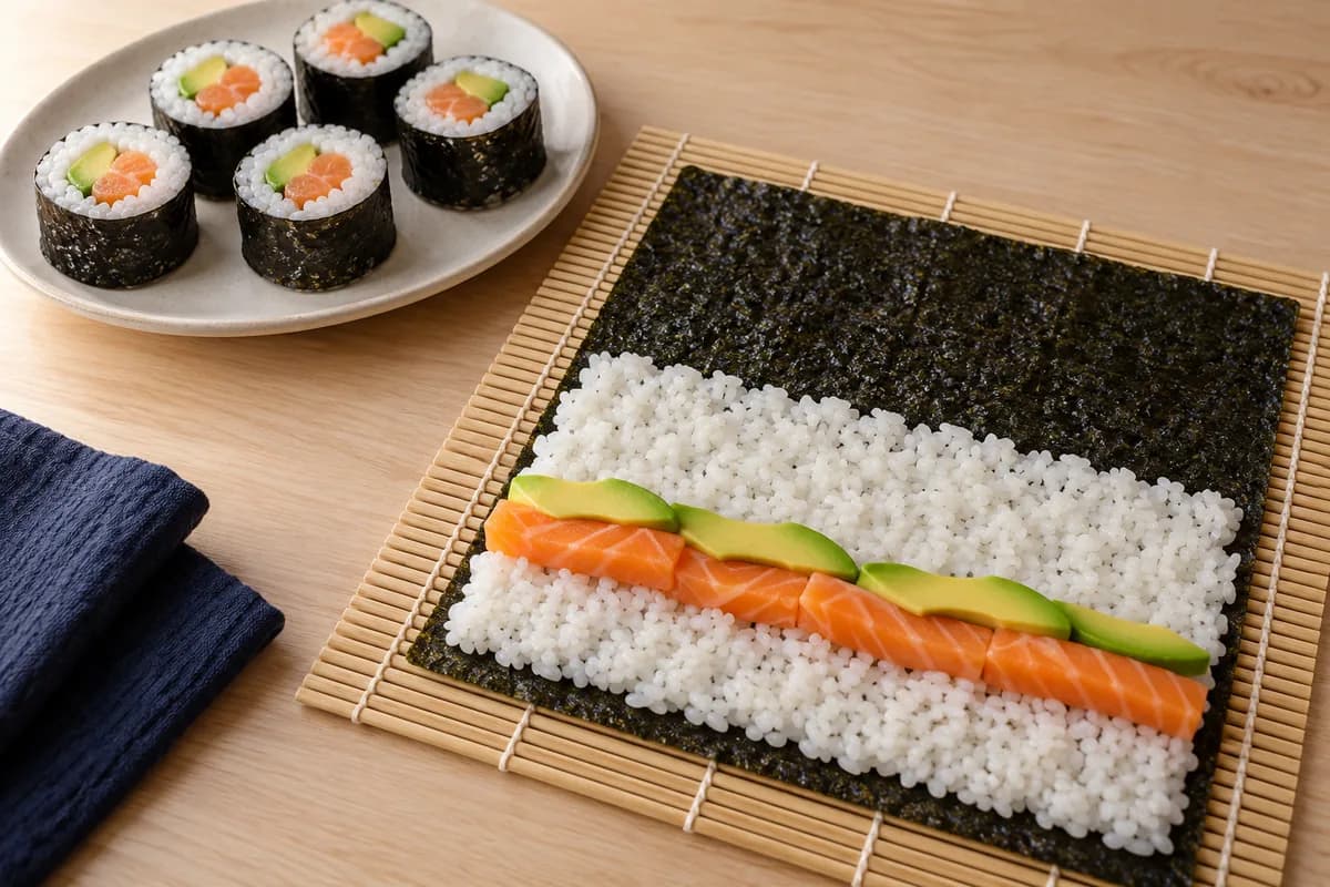 Homemade salmon and avocado sushi: Add the filling