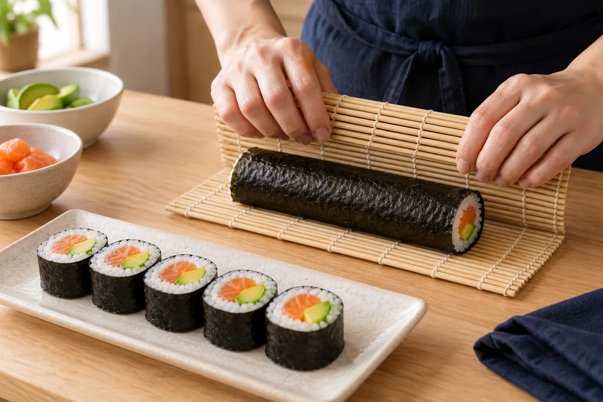 Homemade salmon and avocado sushi: Roll and seal the maki