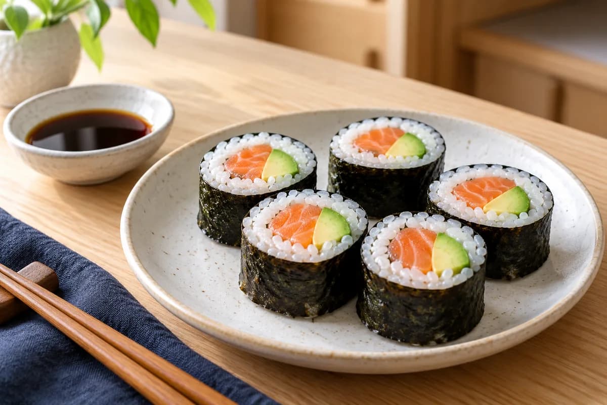 Homemade salmon and avocado sushi: Cut and serve the sushi