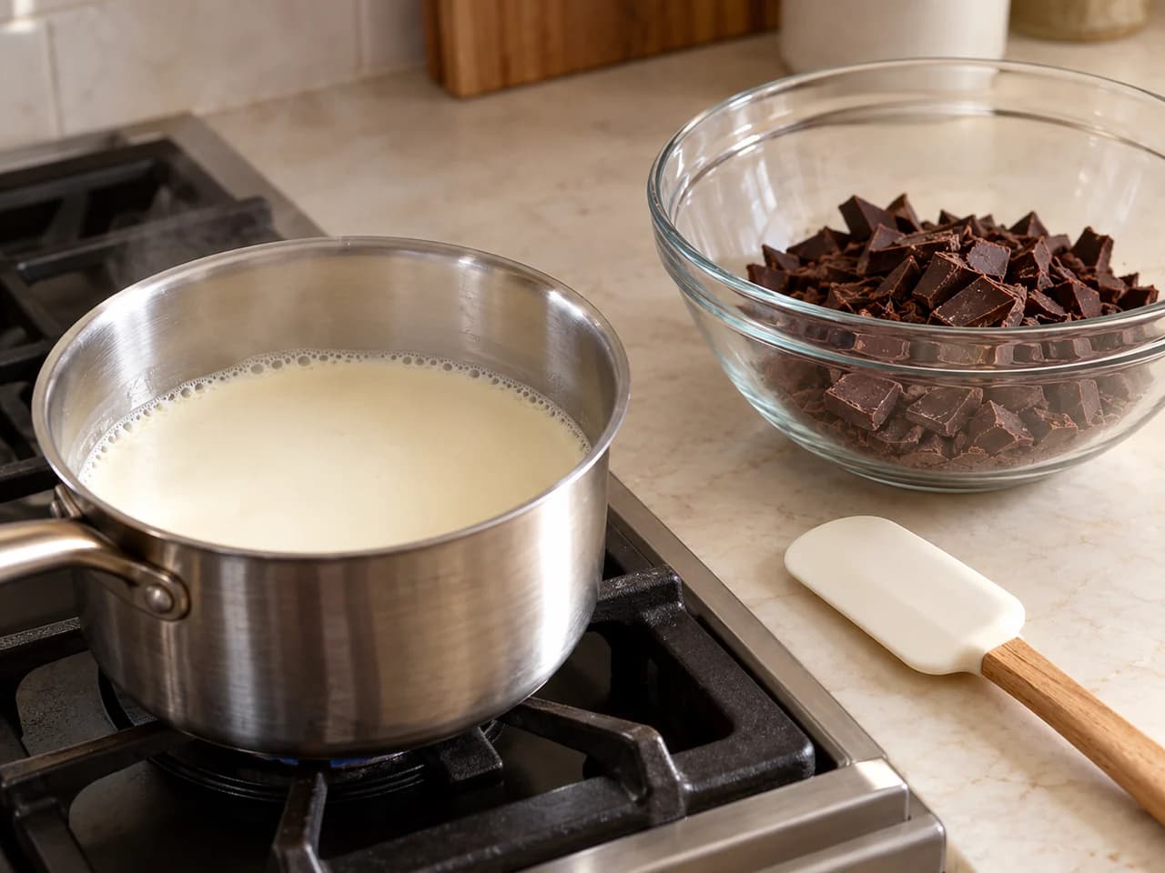 Proposta de trufas de chocolate amargo com cacau: Aqueça o creme sem reduzir