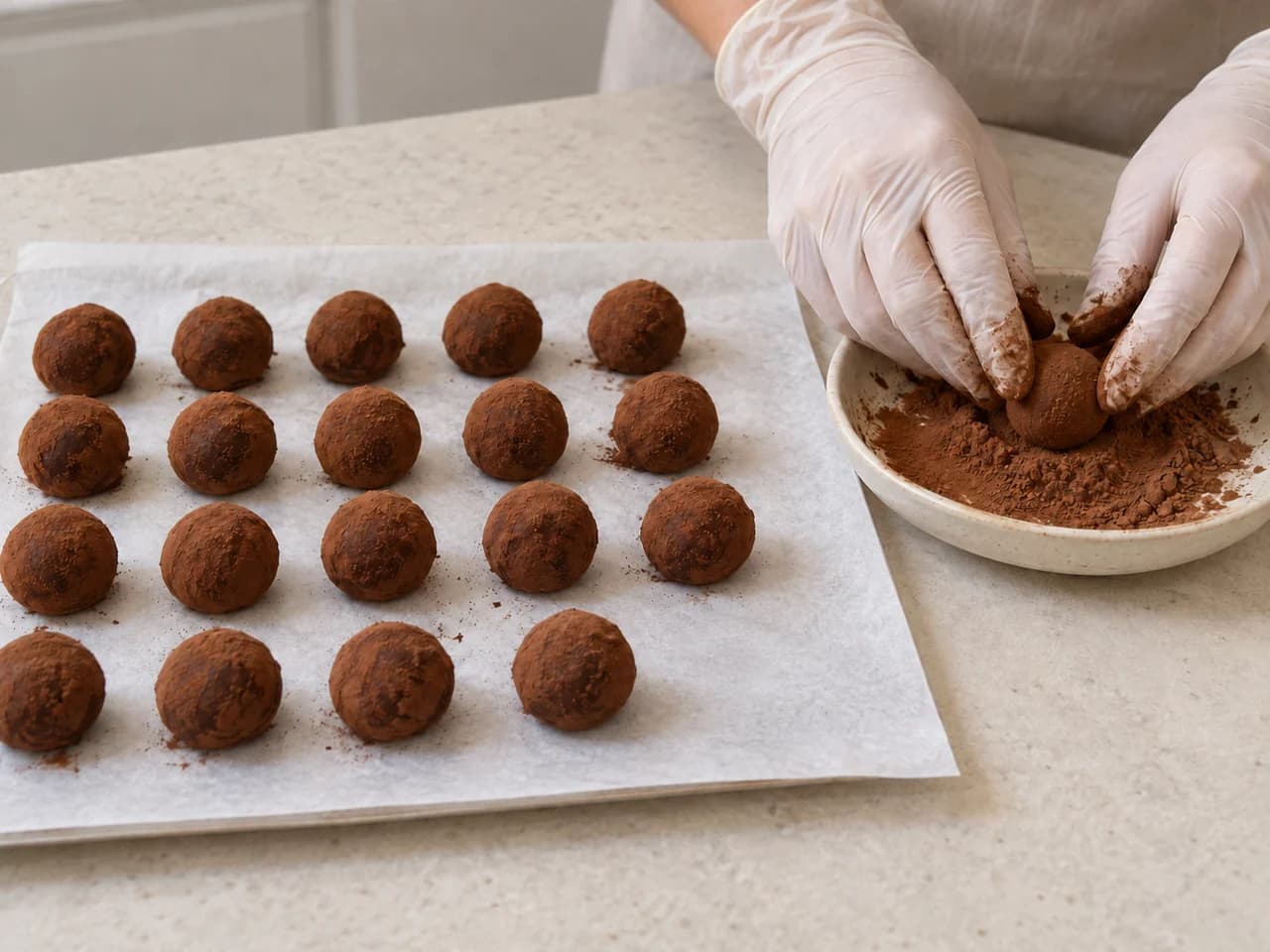 Proposta de trufas de chocolate amargo com cacau: Modele e cubra as trufas