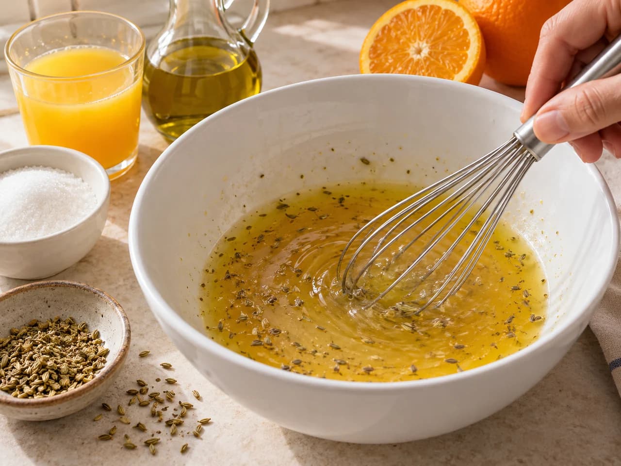 Anellini all’anice verde e arancia al forno: Mescola succo, olio e zucchero