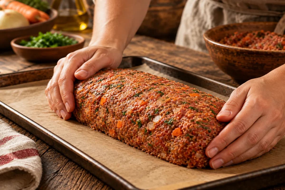 Haende formen und pressen den rohen Hackbraten auf dem Blech