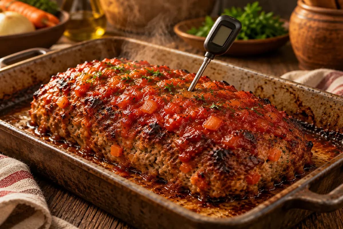 Gebackener Hackbraten mit eingestecktem Kuechenthermometer
