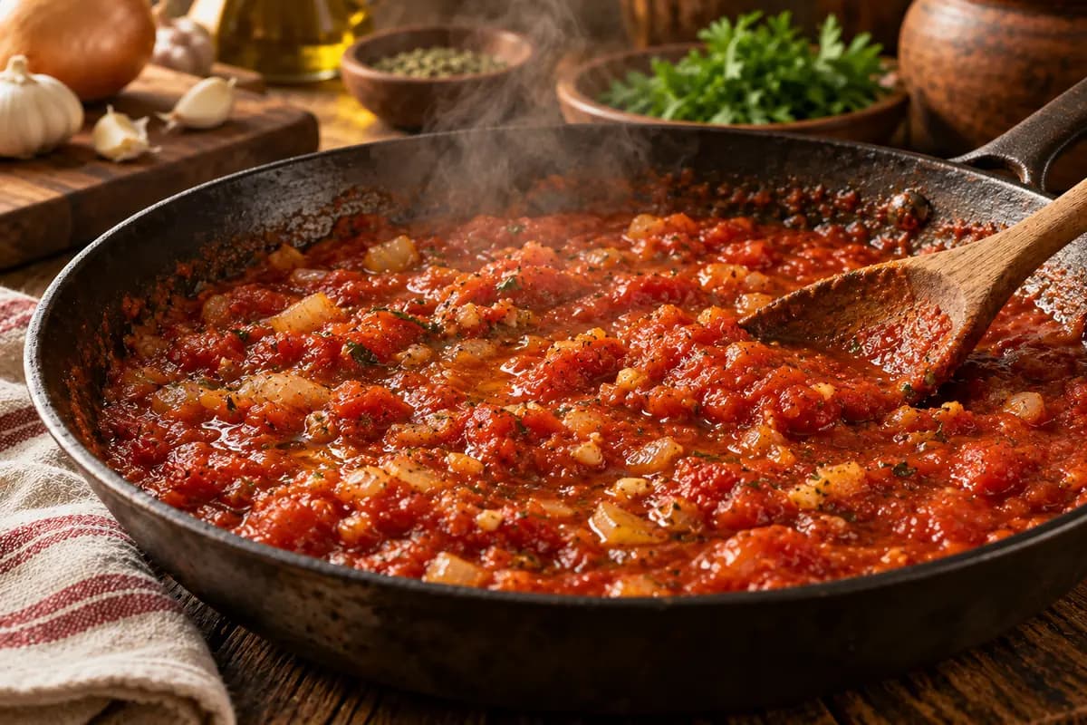 Hausgemachte Tomatensauce kocht in einer Pfanne